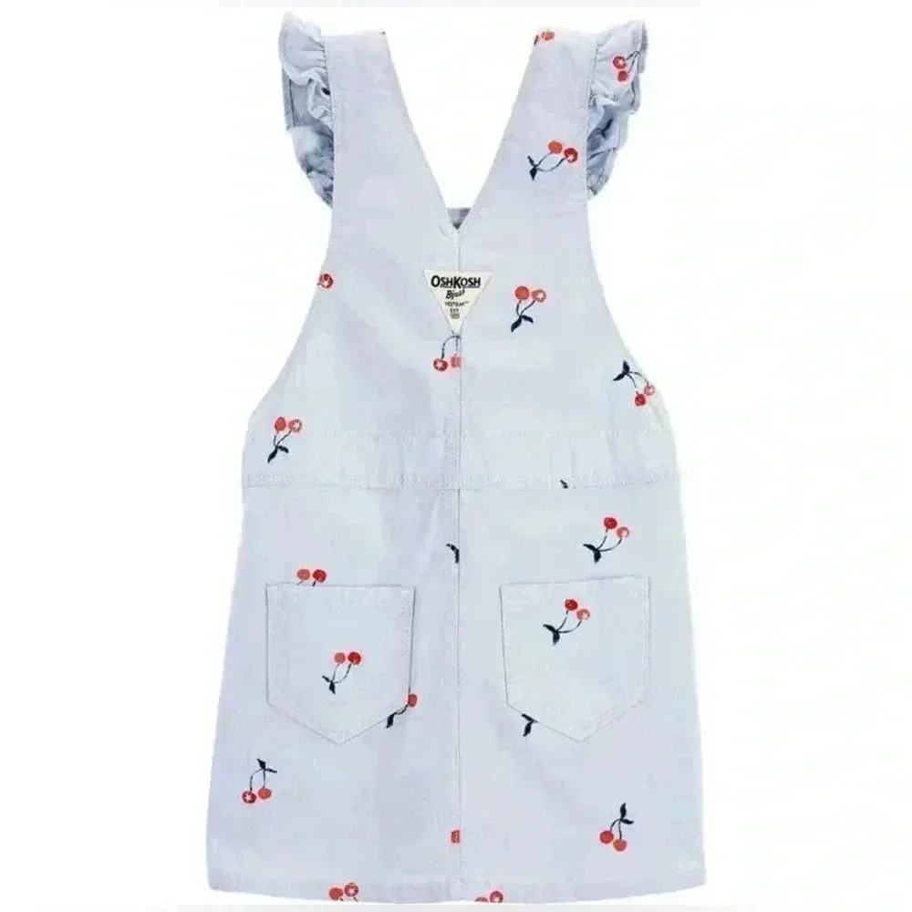 Oshkosh B’Gosh Cherry Print Pale Blue Lightweight Overall Toddler Dress SIZE 3T